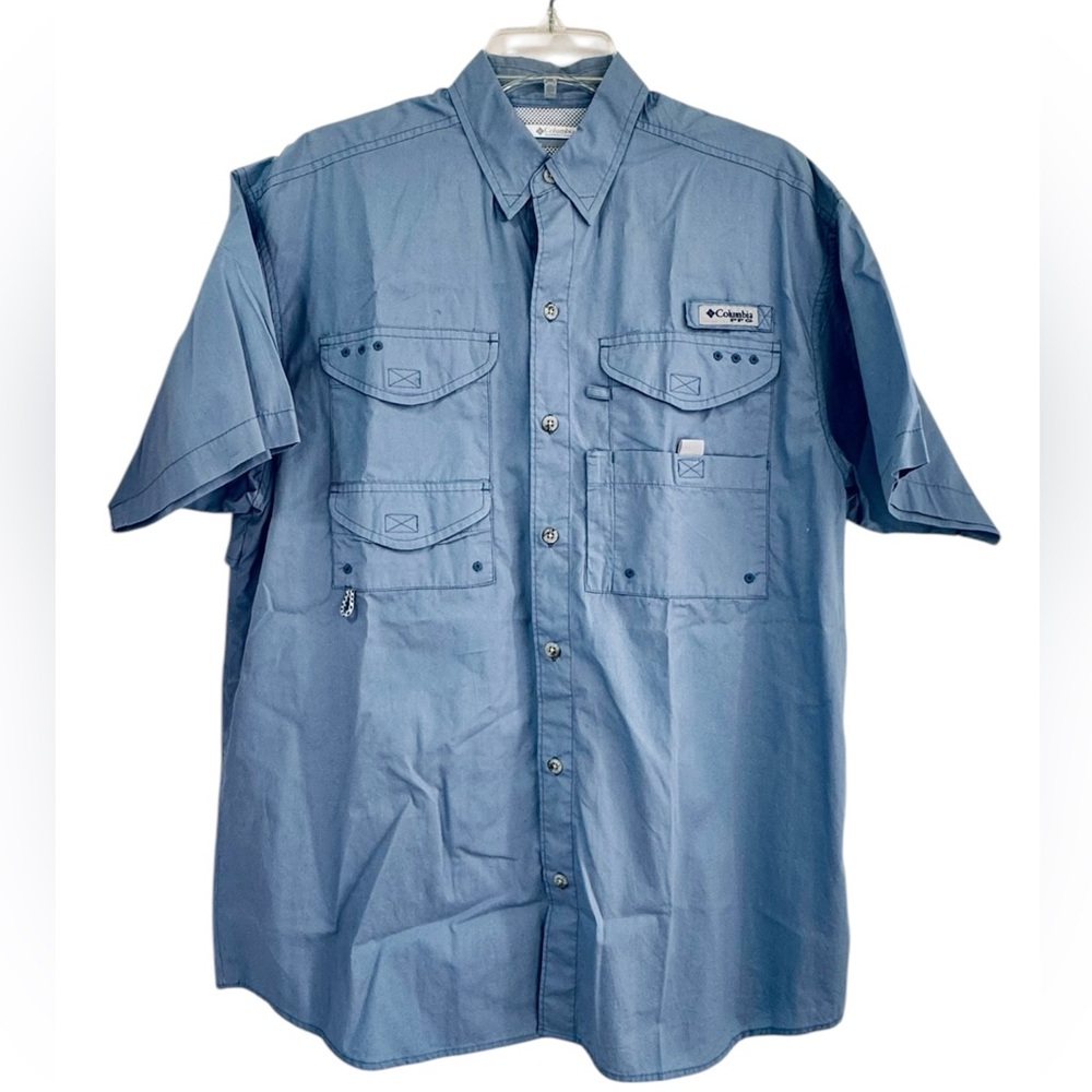 COLUMBIA Men’s PFG Short Sleeve Shirt S/P Performance Fishing Gear Shirt Blue